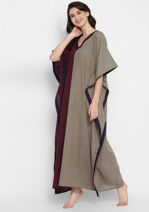 Wine and Brown V-Neck Cotton Kaftan with Contrast Stitch Lines