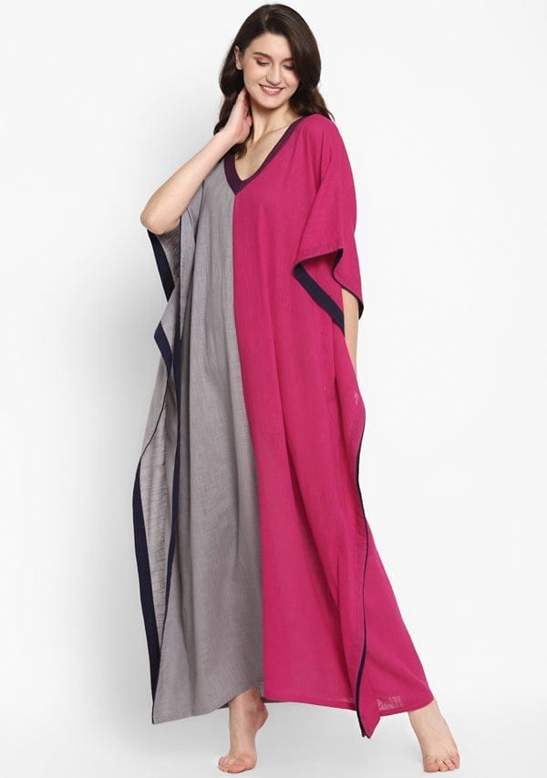 Grey Fuchsia V-Neck Cotton Kaftan with Contrast Stitch Lines