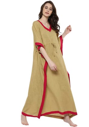 Beige Fuchsia V-Neck Cotton Kaftan