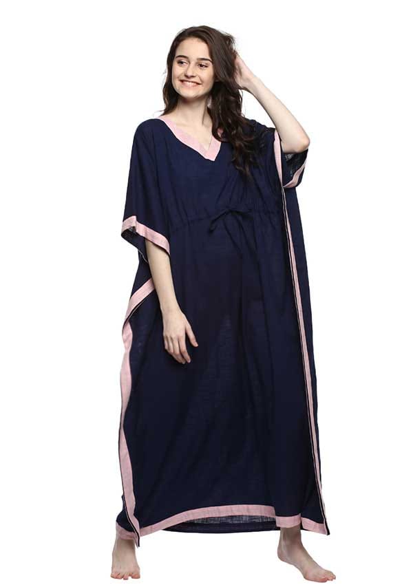 Navy Blue Pink V-Neck Cotton Kaftan