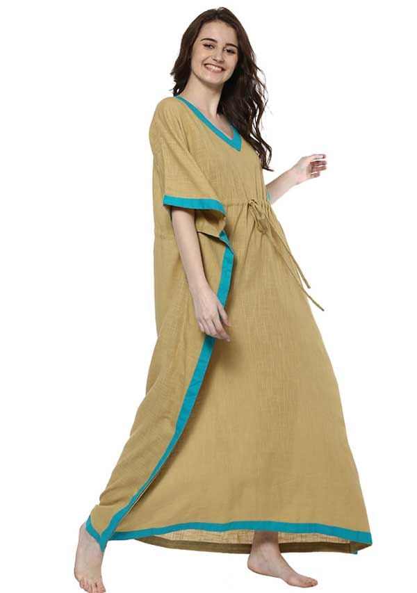 Beige Blue V-Neck Cotton Kaftan