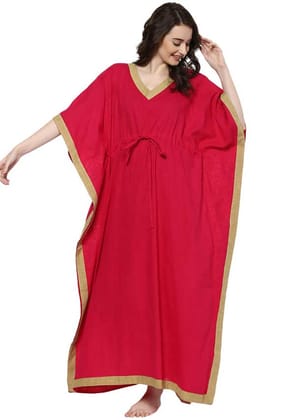 Fuchsia Beige V-Neck Cotton Kaftan