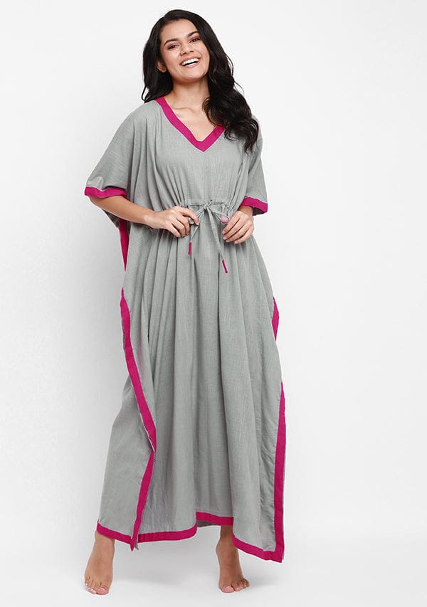 Grey Fuchsia V-Neck Cotton Kaftan