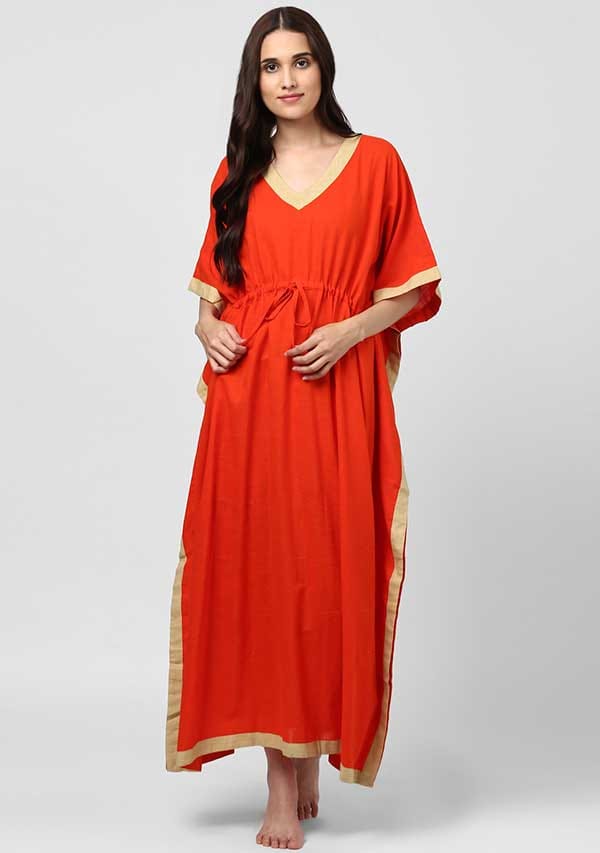 Orange Beige V-Neck Cotton Kaftan