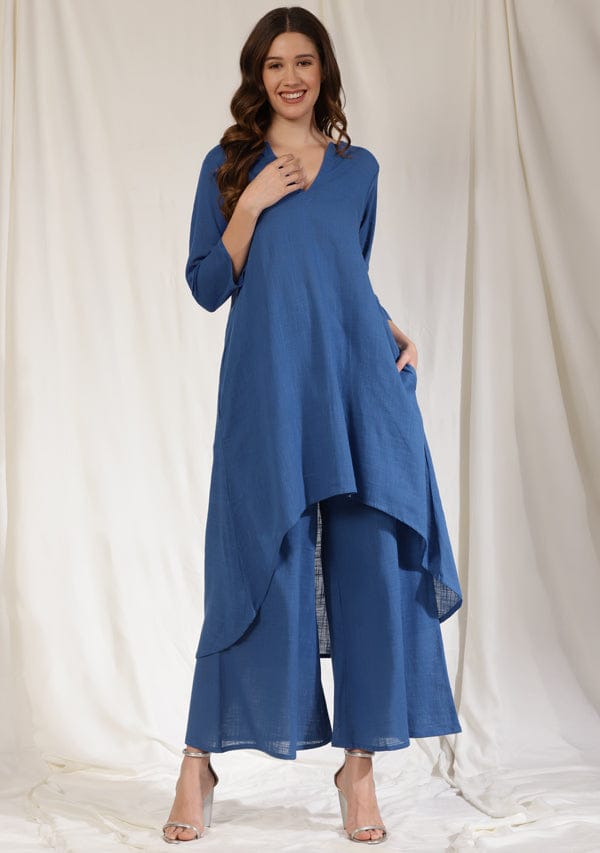 Royal Blue Asymmetric Cotton Kurta Paired with Pants