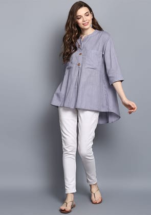 Ash Grey Short Cotton Tunic With Pleats ( Only Top )