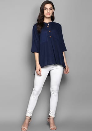 Navy Blue Short Cotton Tunic With Pleats ( Only Top )