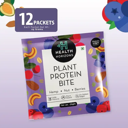 Health Horizons Plant Protein Bites | Cranberry & Blueberry Flavour |2.8 g Protein per bite | Hemp Protein Powder, Almonds, Date Paste, Cashew, Cranberries, Blueberries | Gluten-free, Vegan for Energy and Fitness (Pack of 12)