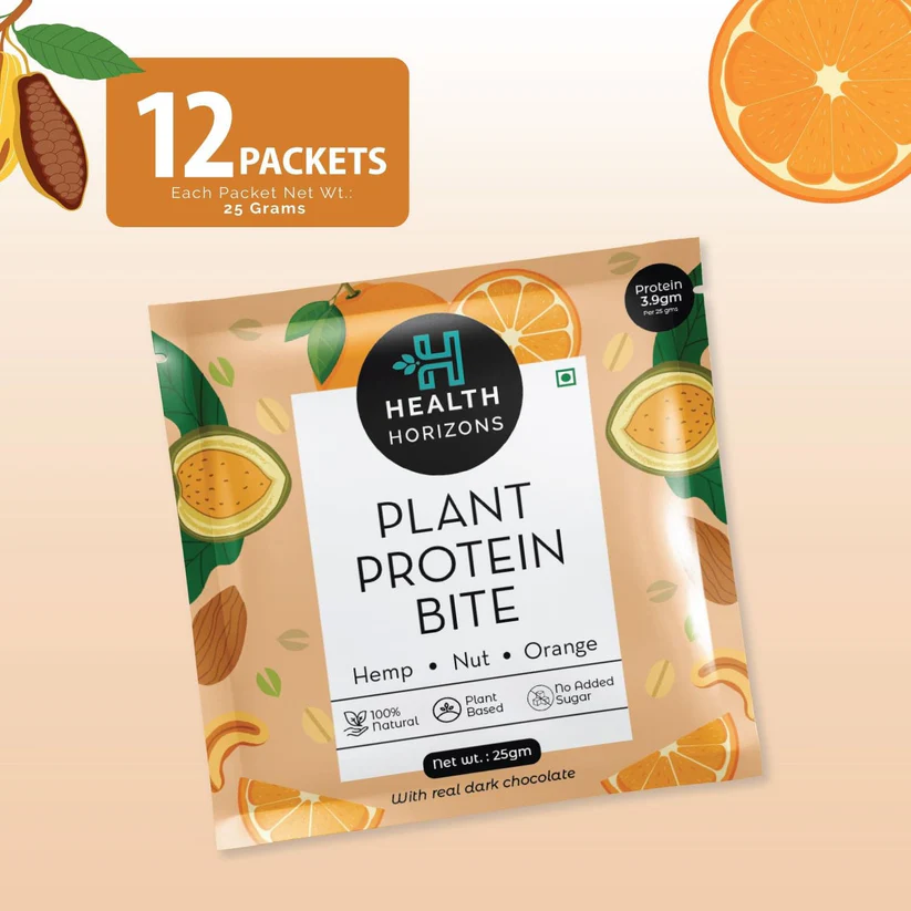 Health Horizons Plant Protein Bites | Orange & Dark Chocolate Flavour |3.9g Protein per bite | Hemp Protein Powder, Almonds, Date Paste, Cashew, Dark Chocolate, Orange Extract | Gluten-free, Vegan for Energy and Fitness (Pack of 12)