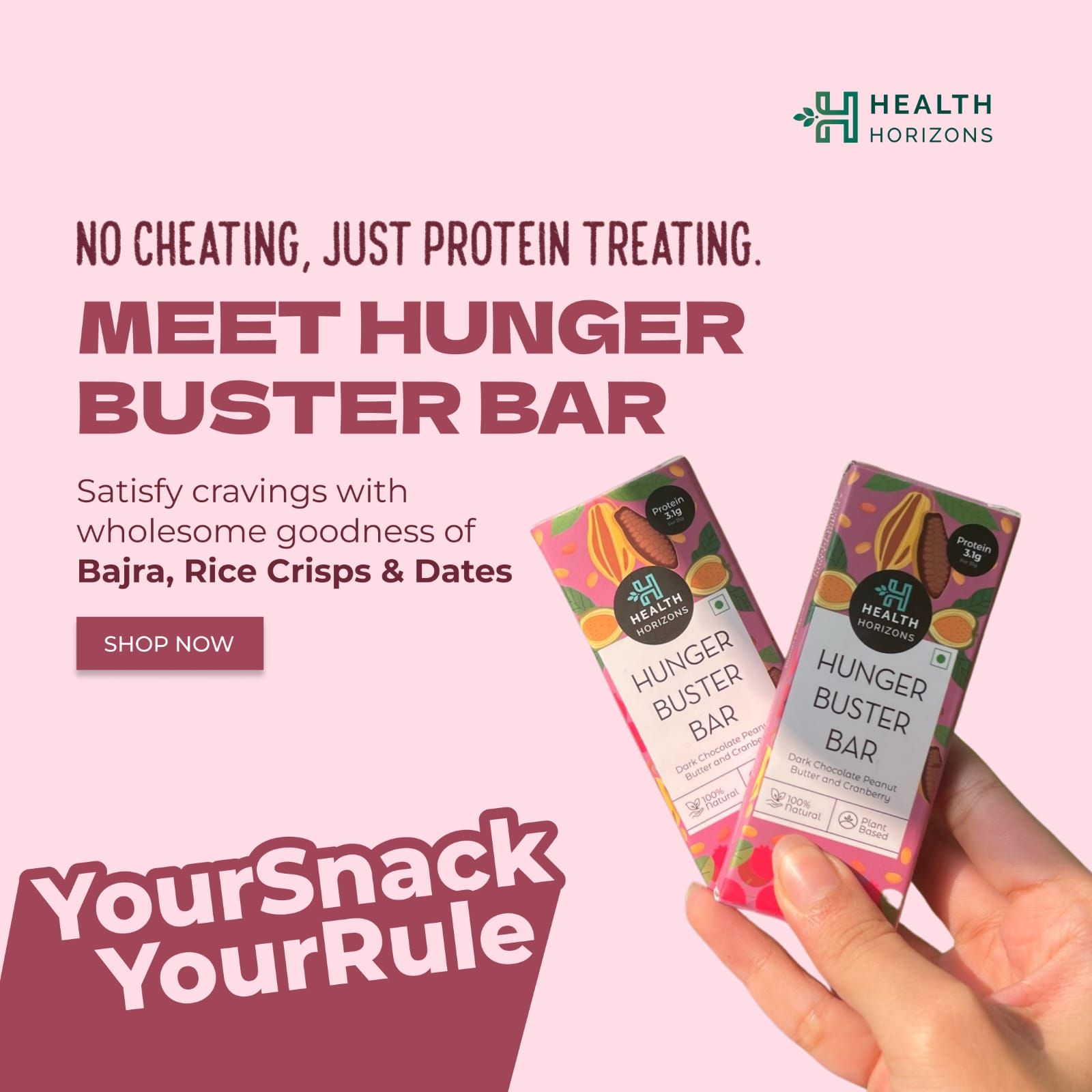 "HUNGER BUSTER BAR - PACK OF 3    I 3.1g protein per Bar I Made with Bajra, Rice Crisps and Dates.  Flavoured with Dark Chocolate Peanut Butter and Cranberries."