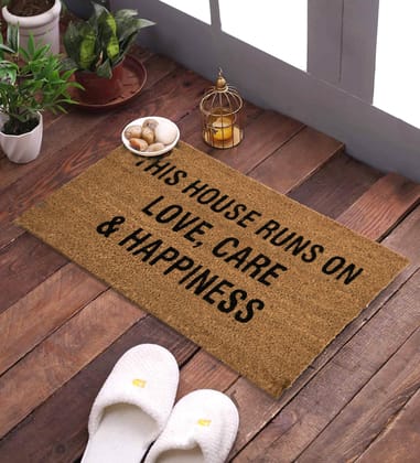 SWHF Natural Coconut Fiber Printed Doormat Mats for Front Door, Entryway Doormat with Thickened Non-Slip PVC Backing for Outdoor and Indoor Use, 14 x 24 Inch Coir Layered Door Mats for Front Porch, This House Runs on Love, Care & Happiness