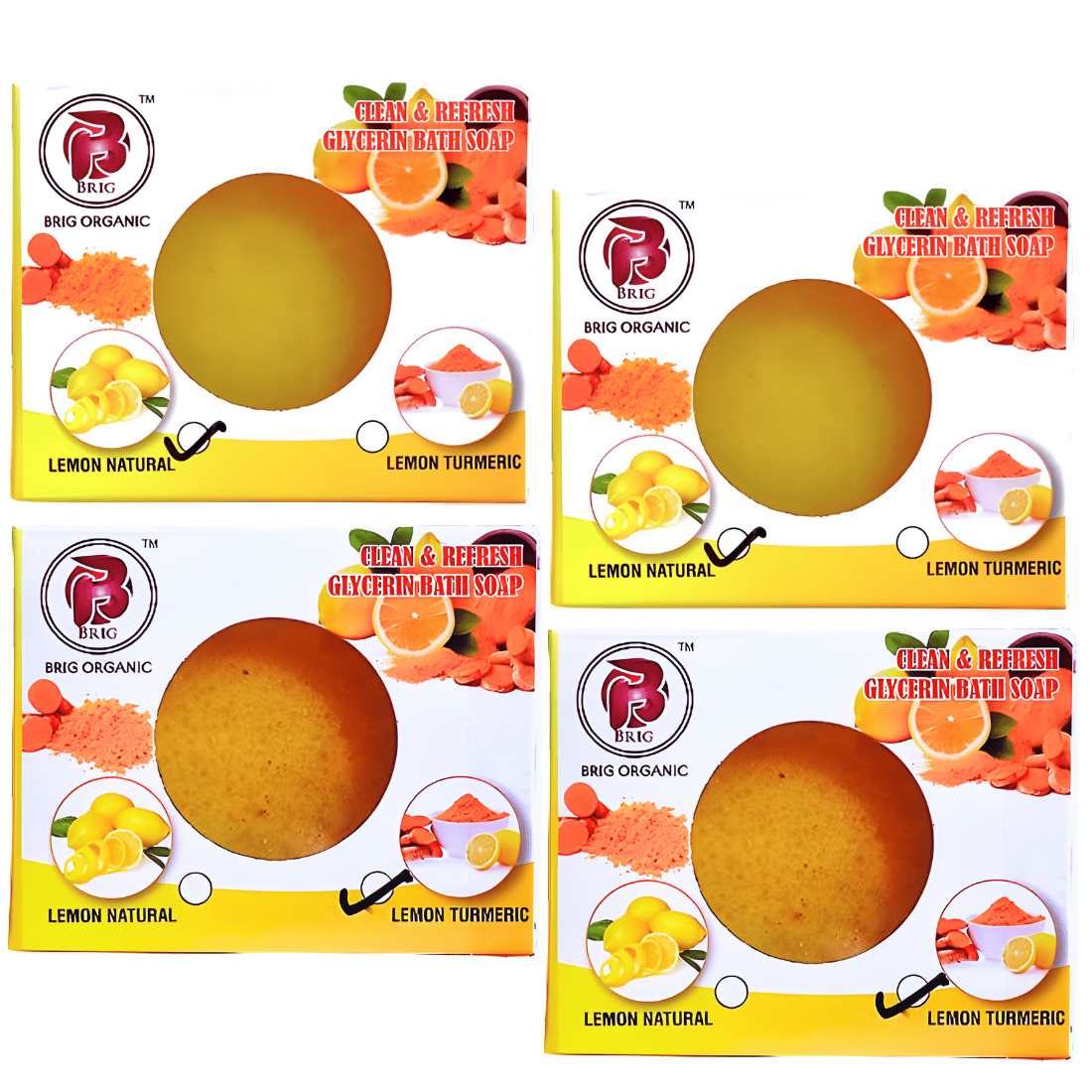 BRIG 2 LEMON NATURAL & 2 LEMON TURMERIC SOAP (4X100gm.)  Natural Cleansing Bar | Glycerin Milk | Men Women, Refreshing , Cool | Face, Body | Combo Pack | For All Skin