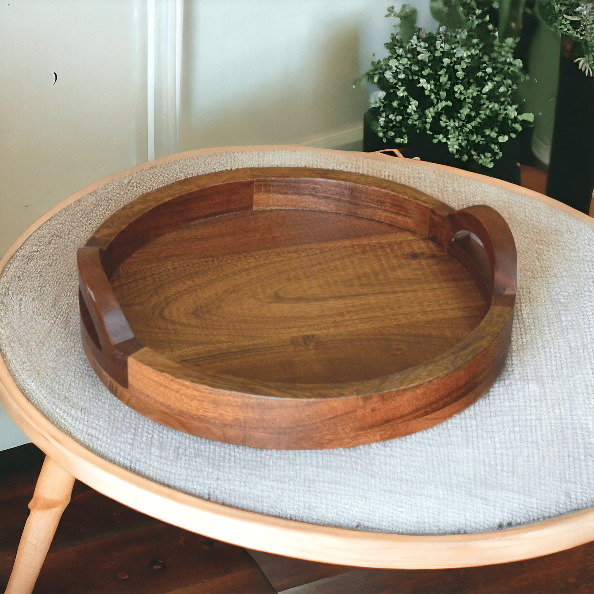 Nikhil Art  Round Serving Tray, Wood Tray with Handles, Natural Wooden Tray/ Kitchen/Coffee Table