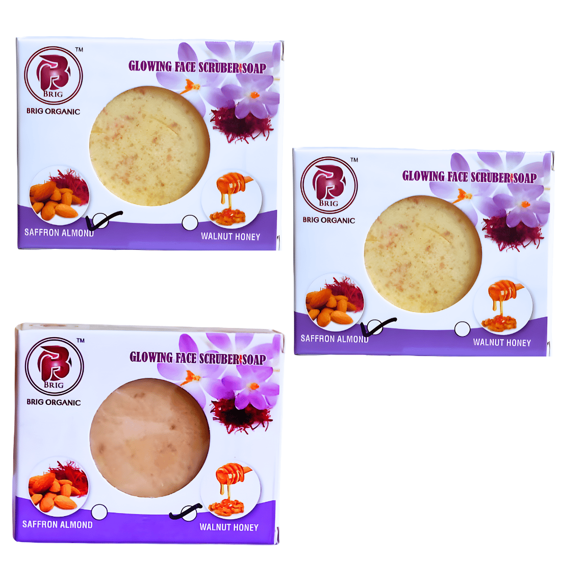 BRIG 2 Saffron Almond and 1 Walnut Honey Scrub Soap |Deep Moisturization |Natural Ingredient| Face & Body |Milky Beauty Bath Soap For Soft Glowing Whitening Skin 3X100g. (Pack Of 3)