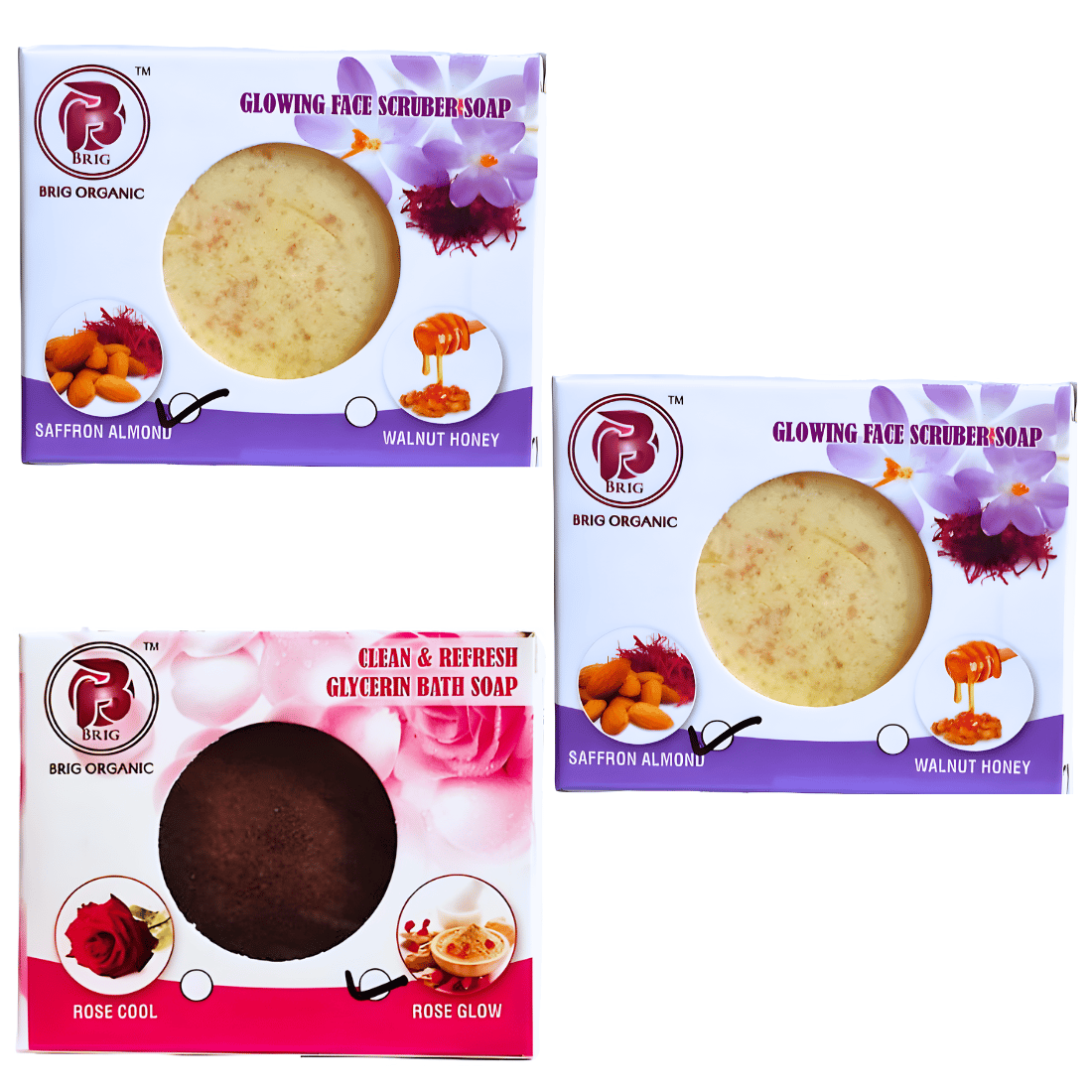 BRIG 2 Saffron Almond Scrub and 1 Rose Glow Soap |Luxurious Beauty Bath Body Soap | Naturally Soft Smooth Skin | Nourishing and Refreshing Rose Mud Soap Bar 3X100g. (Pack Of 3)