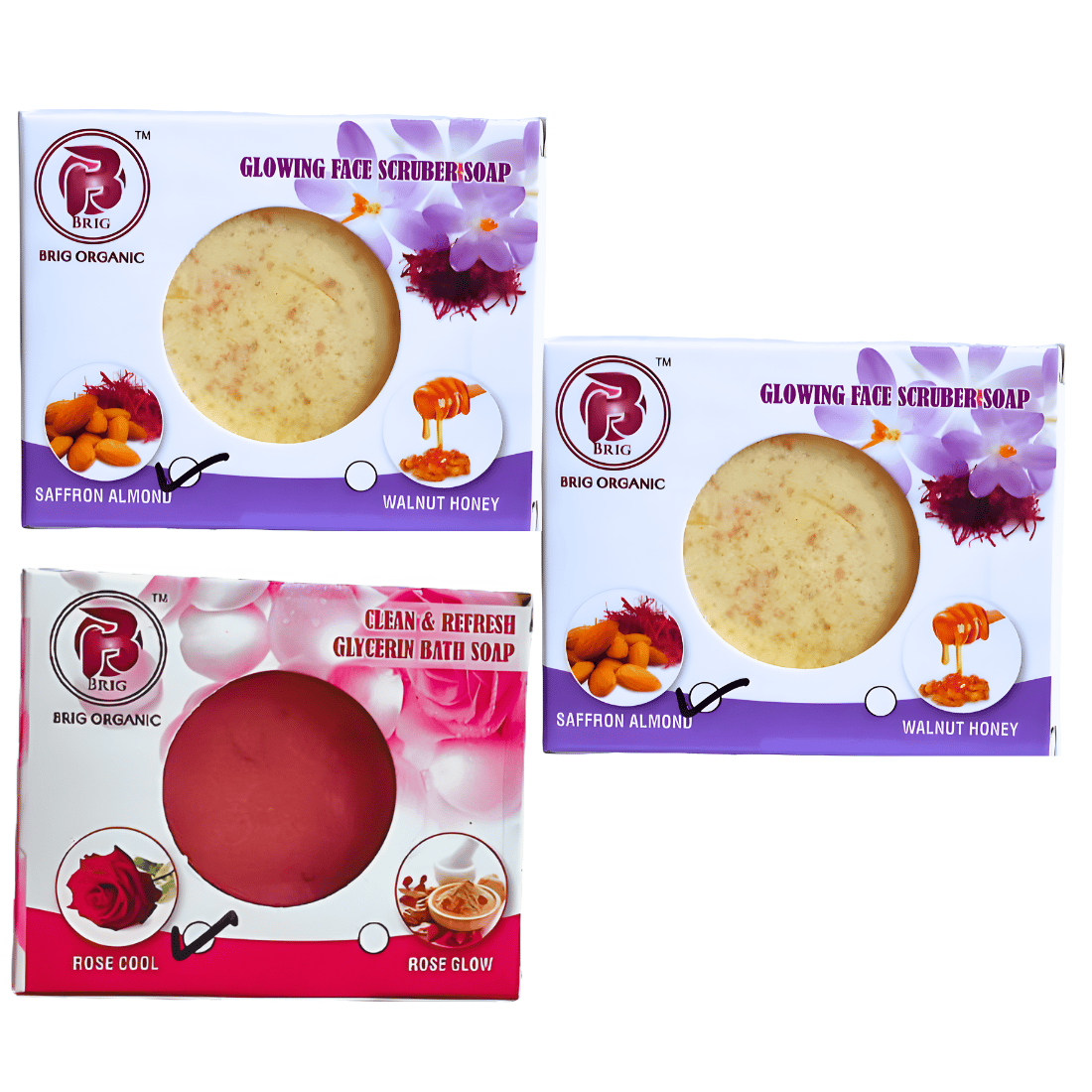 BRIG 2 Saffron Almond Scrub and 1 Rose Cool Soap | Luxurious Skin Whitening and Nourishing Creamy Milky | Moisturizer & Cool Beauty Bath Bar | For All Skin 3X100g. (Pack Of 3)