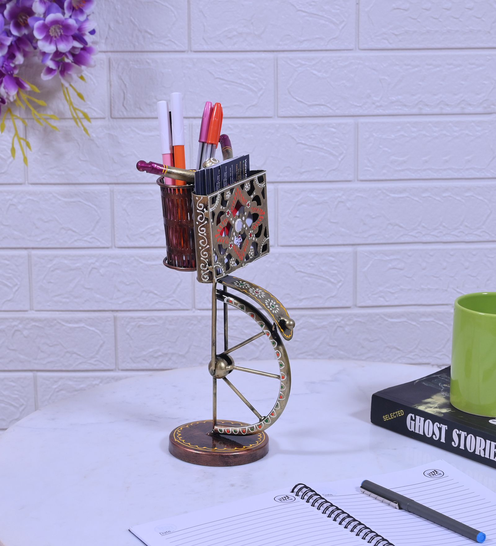 Metal Antique Golden Cycle Pen Stand, Antique Office Table Decorative showpiece Pen Stand and Card Holder for Home, Office Tables, Study Table Decoration Gift Items (5x5x11) Inch