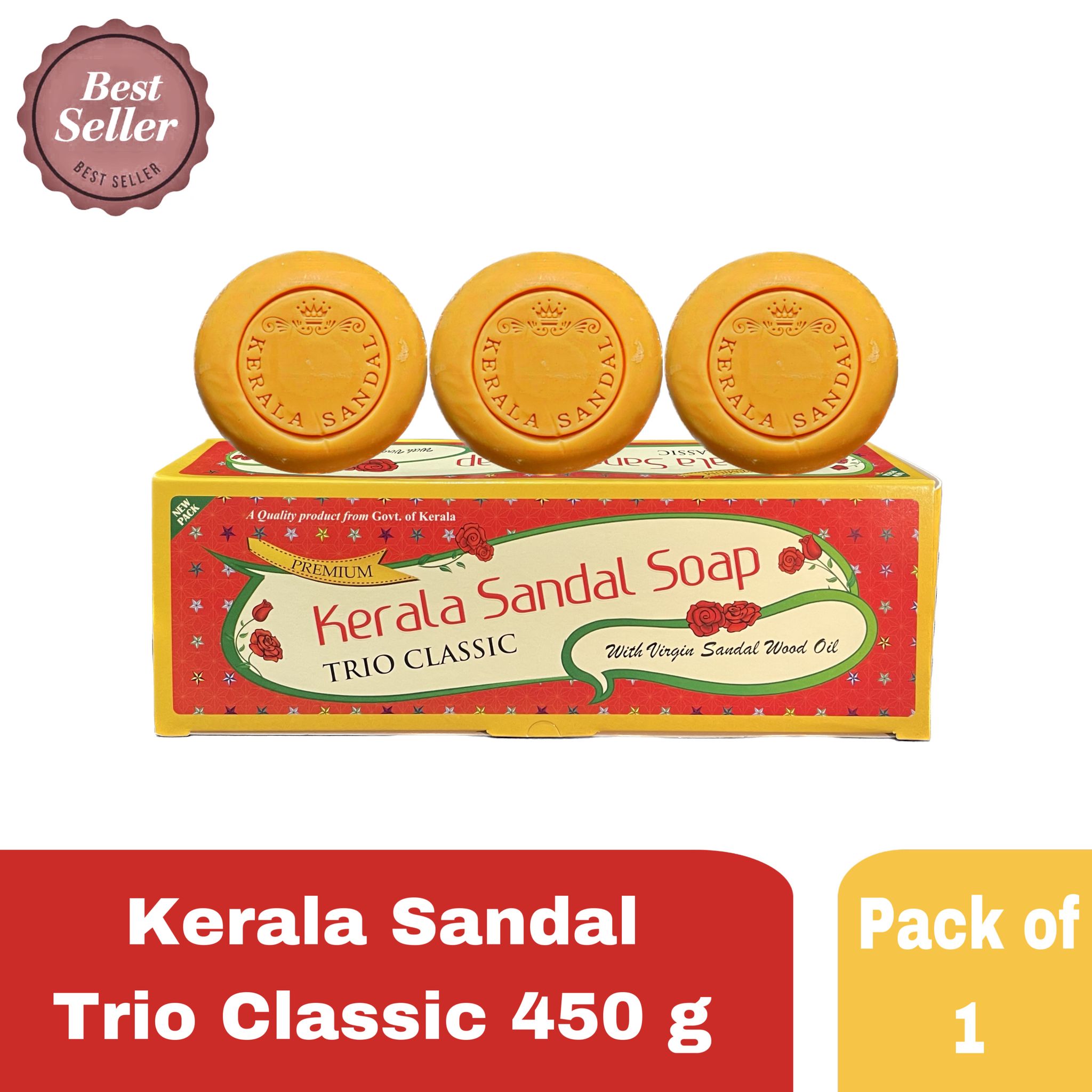 Kerala Sandal Trio Classic with Virgin Sandalwood soap - pack of 1 -150g X 3nos