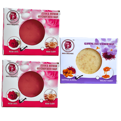 BRIG 2 Rose Cool and 1 Saffron Almond Scrub Soap | Moisturizer & Beauty Bath Bar | Luxurious Skin Whitening and Nourishing Creamy Milky | Face & Body Soap 3X100g. (Pack Of 3)