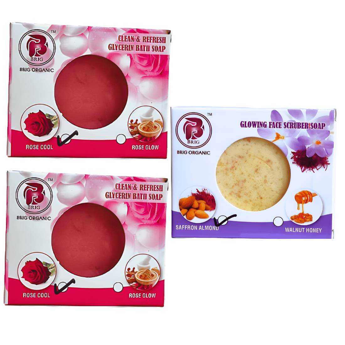 BRIG 2 Rose Cool and 1 Saffron Almond Scrub Soap | Moisturizer & Beauty Bath Bar | Luxurious Skin Whitening and Nourishing Creamy Milky | Face & Body Soap 3X100g. (Pack Of 3)