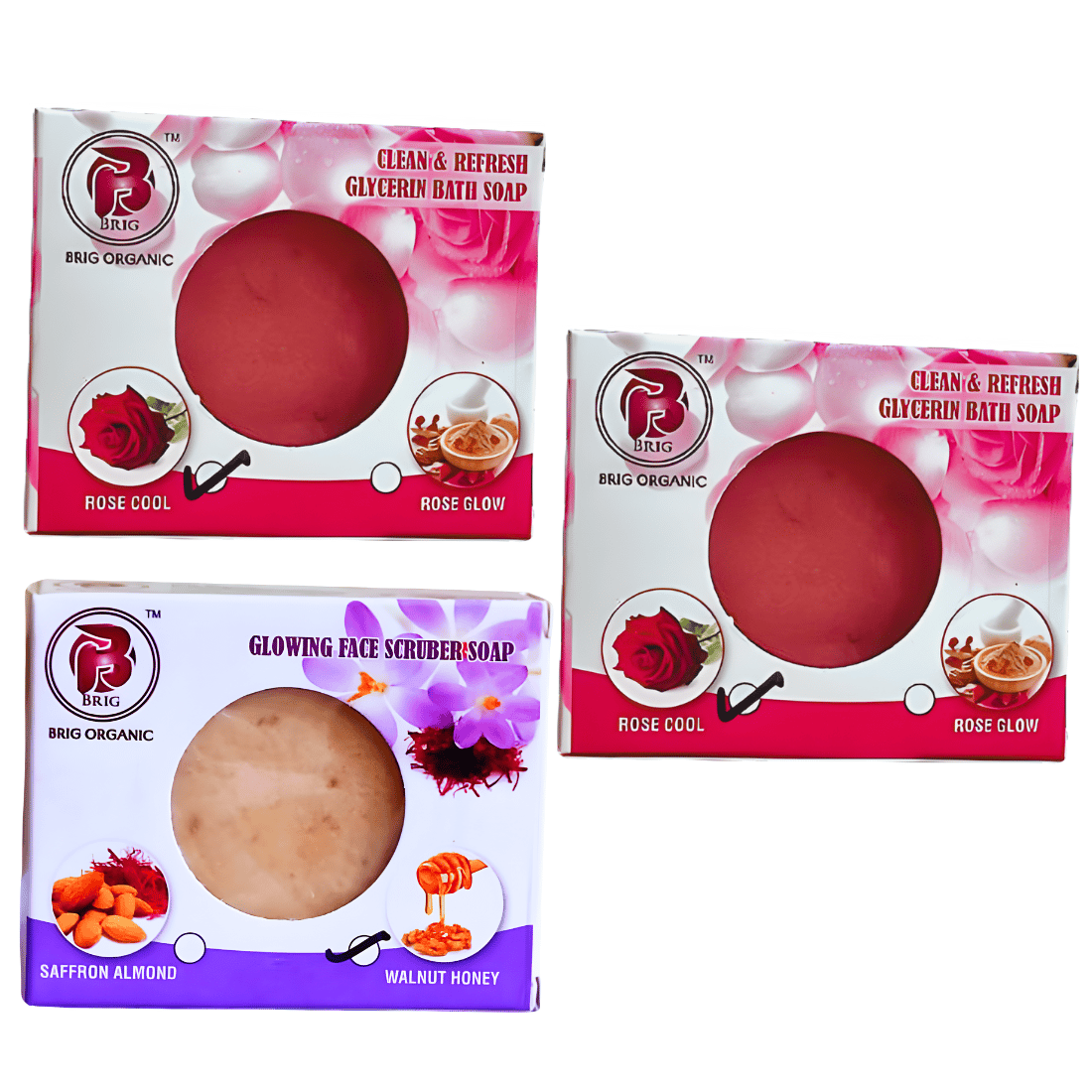 BRIG 2 Rose Cool and 1 Walnut Honey Scrub Soap | Skin Whitening and Nourishing Creamy Milky | Luxurious Bathing | Moisturization For All Skin & Beauty Bath Bar 3X100g. (Pack Of 3)