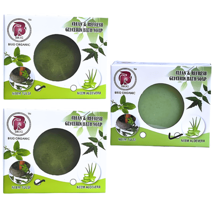 BRIG 2 Neem Tulsi and 1 Neem Aloe Vera Soap | Antibacterial Soft Cleansing Bar | Pure Neem Leaves & Aloe Vera Ras | Prevent Pimples Bathing Soap 3X100g. (Pack Of 3)