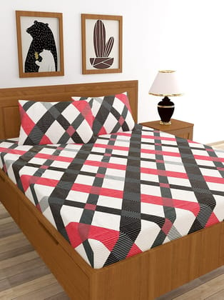 MORADO Premium Cotton Casement Double Bed Bedsheet with 2 Pillow Covers (90x100 inches, Red Black White)