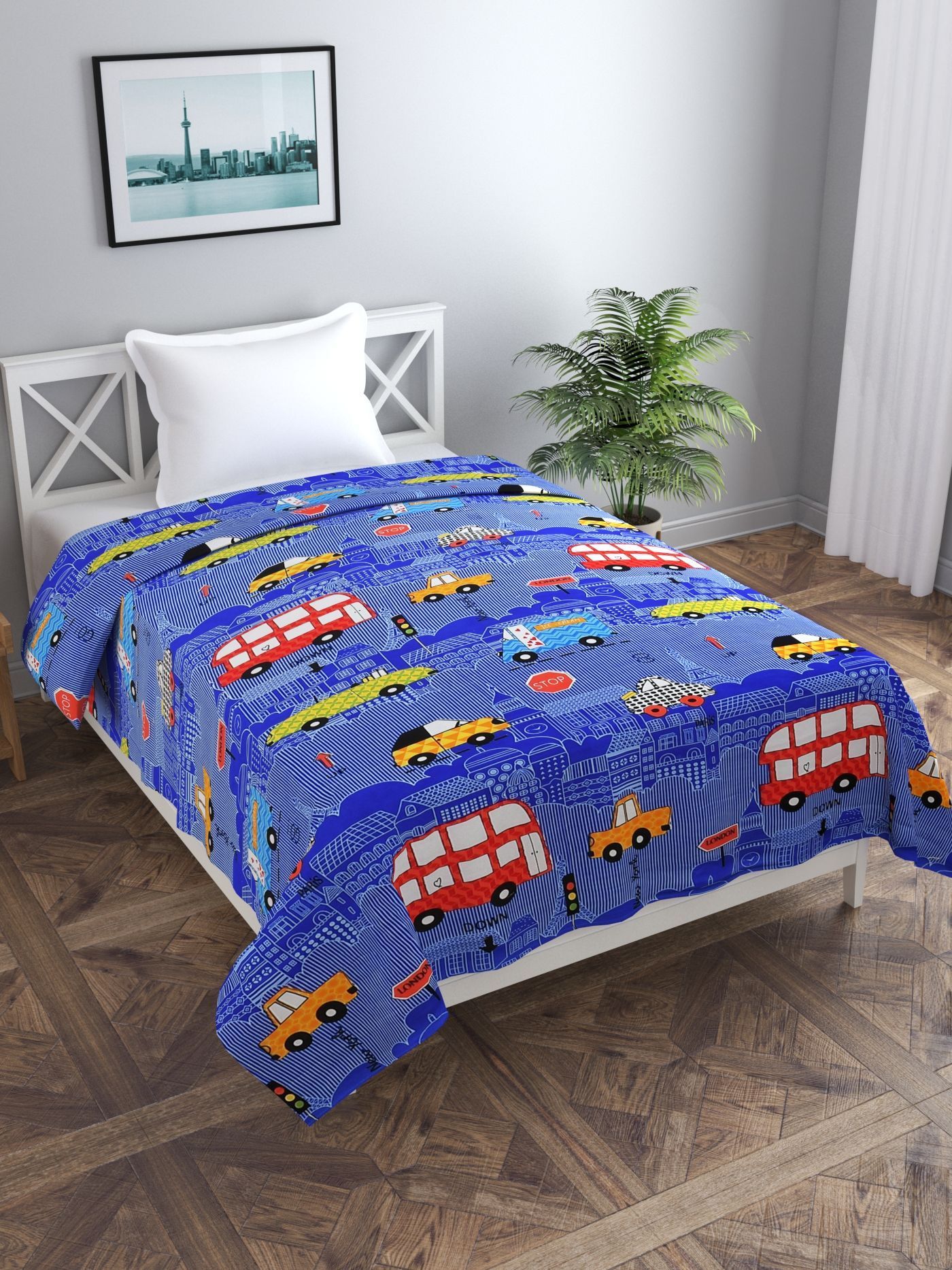 MORADO Polycotton Single Bed Size Quilt Cover / Duvet Cover / Rajai Cover / Blanket Cover with Zipper (60x90 Inches, Blue Bus)