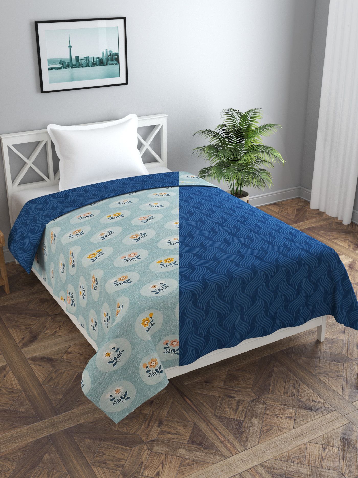 MORADO Poly Cotton 210 TC Single Bed Size Reversible Duvet Cover/Quilt Cover/Rajai Cover/Blanket Cover with Zipper (60x90 Inches, Blue Light Blue, Blue Lehar Flower In Circle)