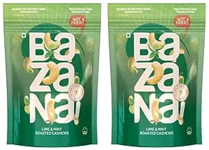 Zesty and Crunchy Delight: Bazana Roasted & Lime Mint Cashews Nuts - Flavoured Roasted Masala Cashews - Salted Kaju Snacks with Zero Cholesterol (200 g, Pack of 2)