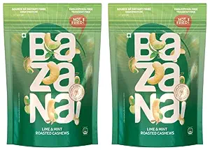 Zesty and Crunchy Delight: Bazana Roasted & Lime Mint Cashews Nuts - Flavoured Roasted Masala Cashews - Salted Kaju Snacks with Zero Cholesterol (200 g, Pack of 2)