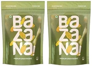 Bazana Premium Seedless Kismis: Nutritious Long Green Raisins - Dried Grapes Kishmish - 200g x Set of 2 in Ziplock Pouch - Rich in Iron & Vitamin B