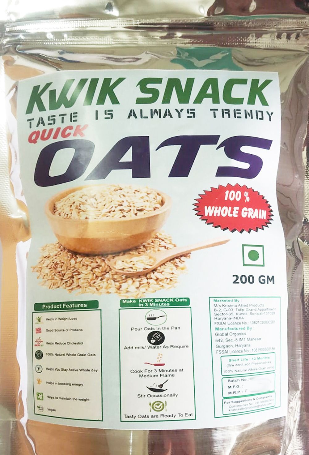 KWIK SNACK Classic 100% Natural Gluten Quick Oats |QUICK OATS with High Fiber (200g)