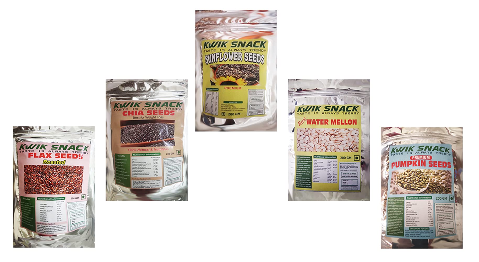 KWIK SNACK Combo of Chia Seeds,Flax Seeds, Sunflower Seeds, Pumpkin Seeds & Watermellon (200GMEach) - Seeds for Eating | Non-GMO | Diet Snacks