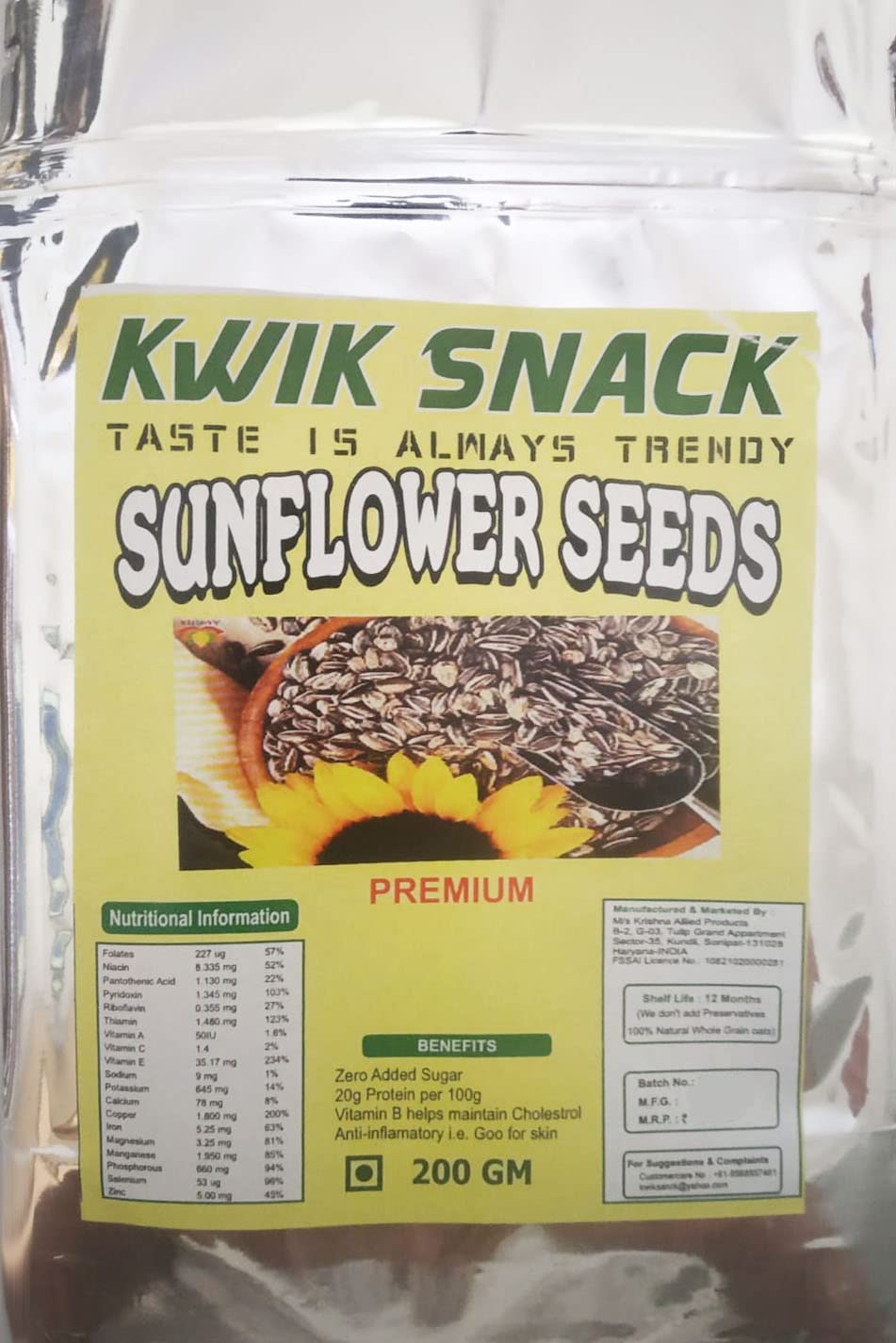 "KWIK SNACK Sunflower Seeds 200g - Premium Seeds for Eating | Healthy Snacks | High in Vitamin, Fibre & Protein| Diet Food | "