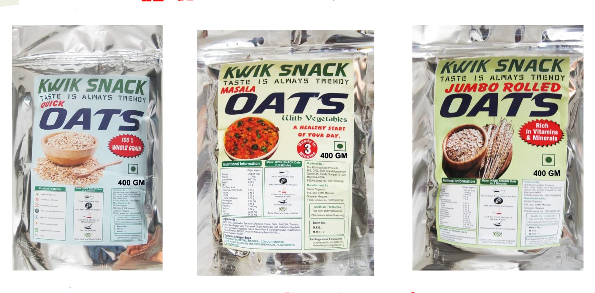 COMBO PACK OF 3 - QUICK OATS, MASALA OATS & JUMBO ROLLED OATS (400 GM EACH) = 400 GM X 3 = 1.2 KG