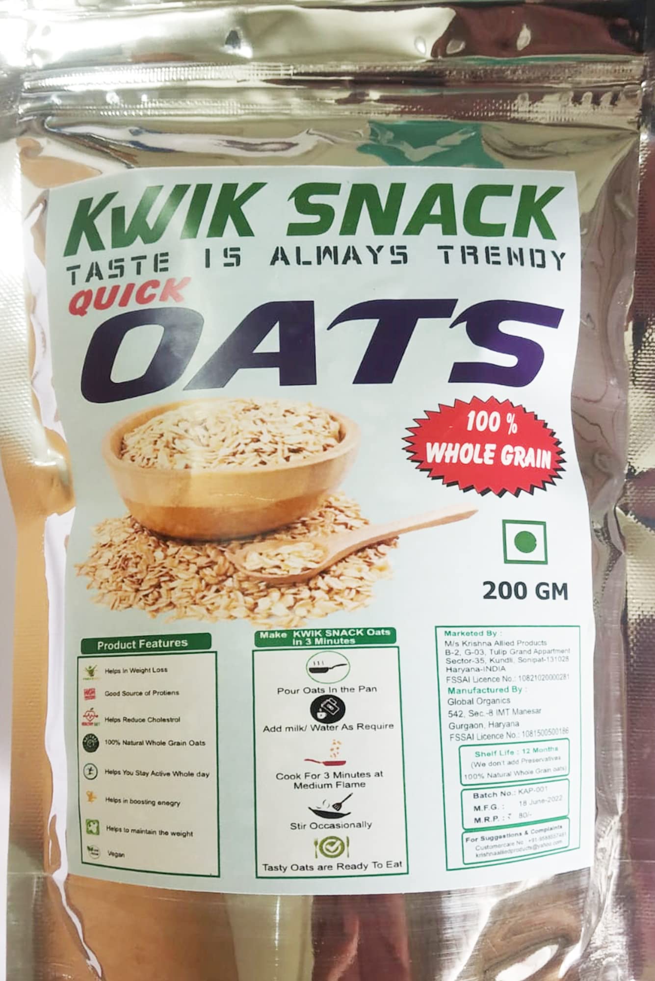 KWIK SNACK QUICK OATS 200 GM POUCH -- 123