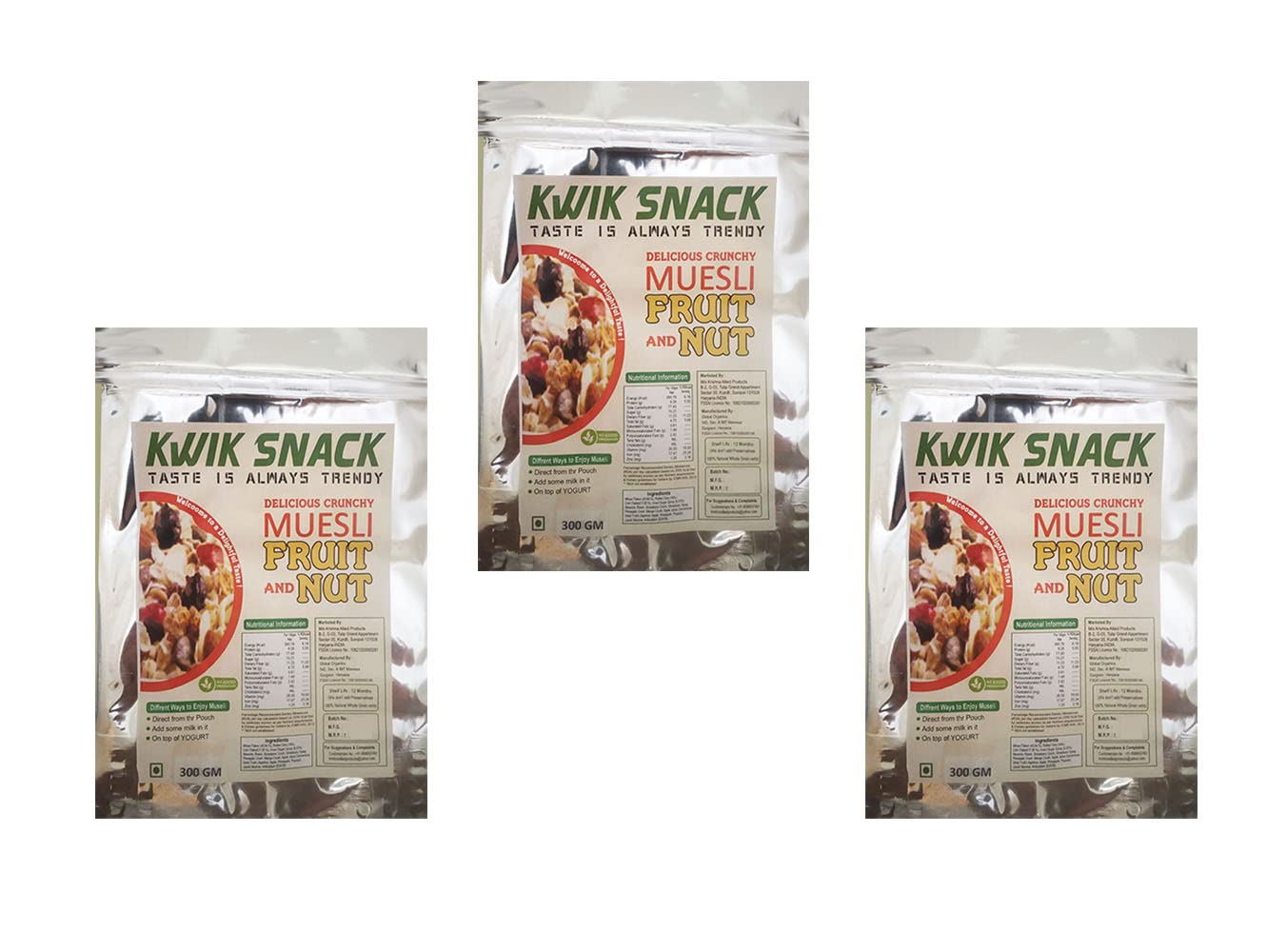 KWIK SNACK Delicious & Crunchy MUSELI FRUIT & NUTS ((3 X 300 GM)-900 GM