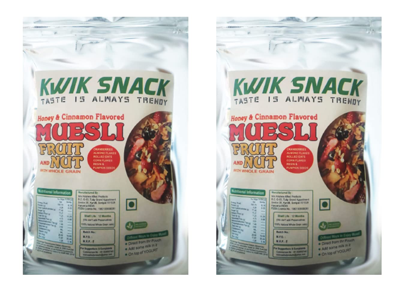 Kwik snack EXOTIC Honey Coated MUSELI with Almonda Cranberries, Whole Grains, Fruits & Nuts (2 X 150 GM =300 GM)