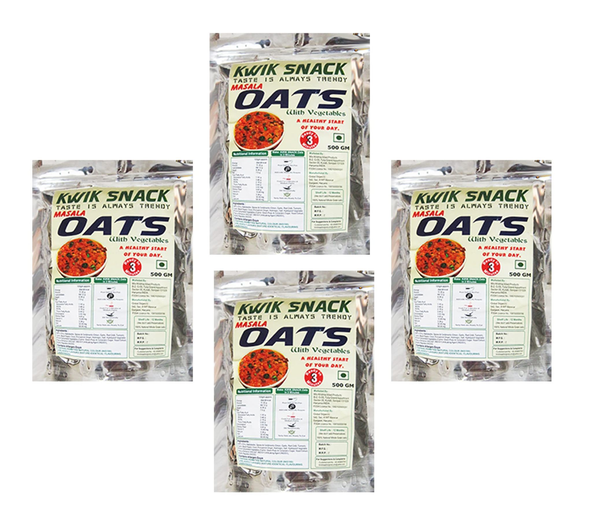 KWIK SNACK COMBO PACK OF 4 MASALA OATS OF (400 GM EACH) 4 X 400 GM = 1.6 KG - 100% Natural Whole Grain Oats, Good source of protein & Fiber, Gluten Free Oats, No Added Sugar, Healthy Breakfast Cereals,