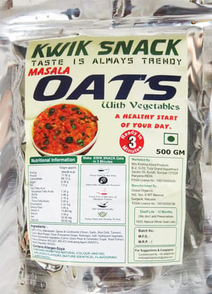 KWIK SNACK MASALA OATS - 400 GM - 100% Natural Whole Grain Oats, Good source of protein & Fiber, Gluten Free Oats, No Added Sugar, Healthy Breakfast Cereals,