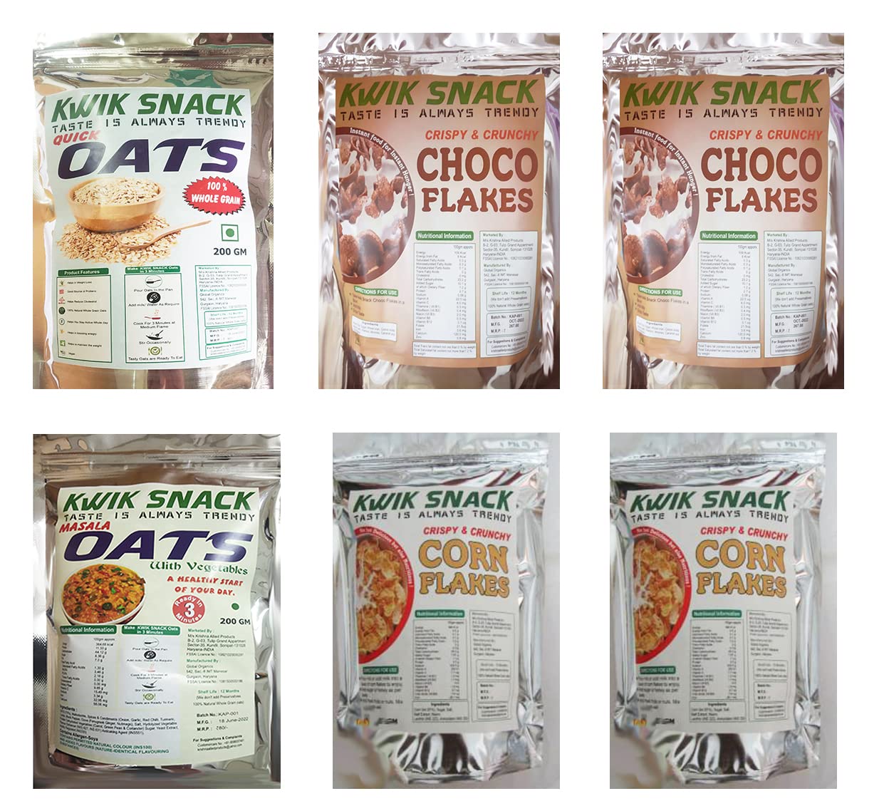 GIFT HAMPER-2 Combo Pack of 6 (Quick Oats, Masala Oats, Corn Flaks& Choco Flakes)