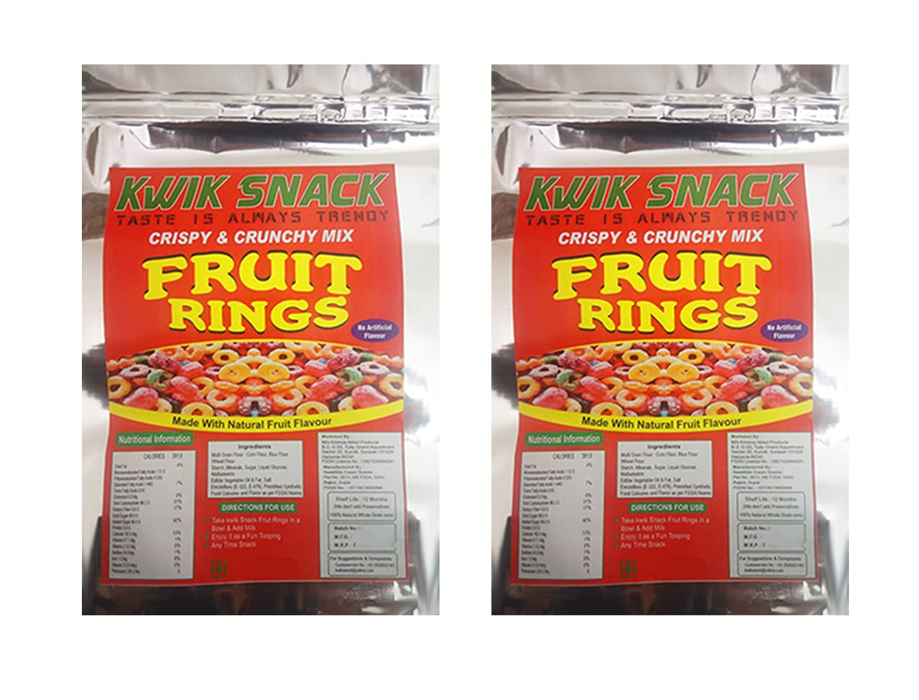 KWIK SNACK Fruit Ring Loops | Crunchy Multigrain Breakfast Cereal| Mixed Fruit Flavor| (2 X 400 GM - 800 GM)