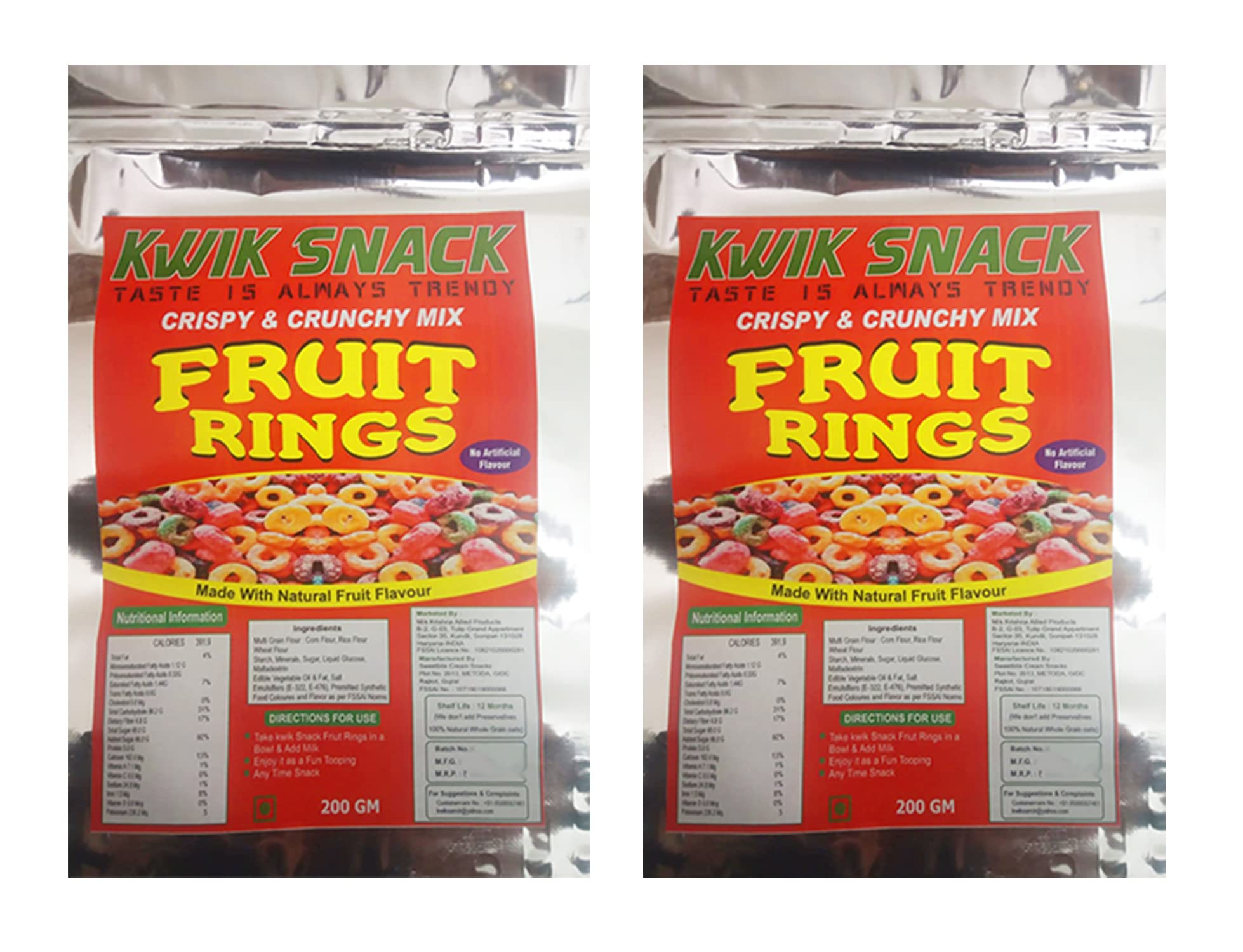 KWIK SNACK Fruit Ring Loops | Crunchy Multigrain Breakfast Cereal| Mixed Fruit Flavor| (2 X 200 GM - 400 GM)