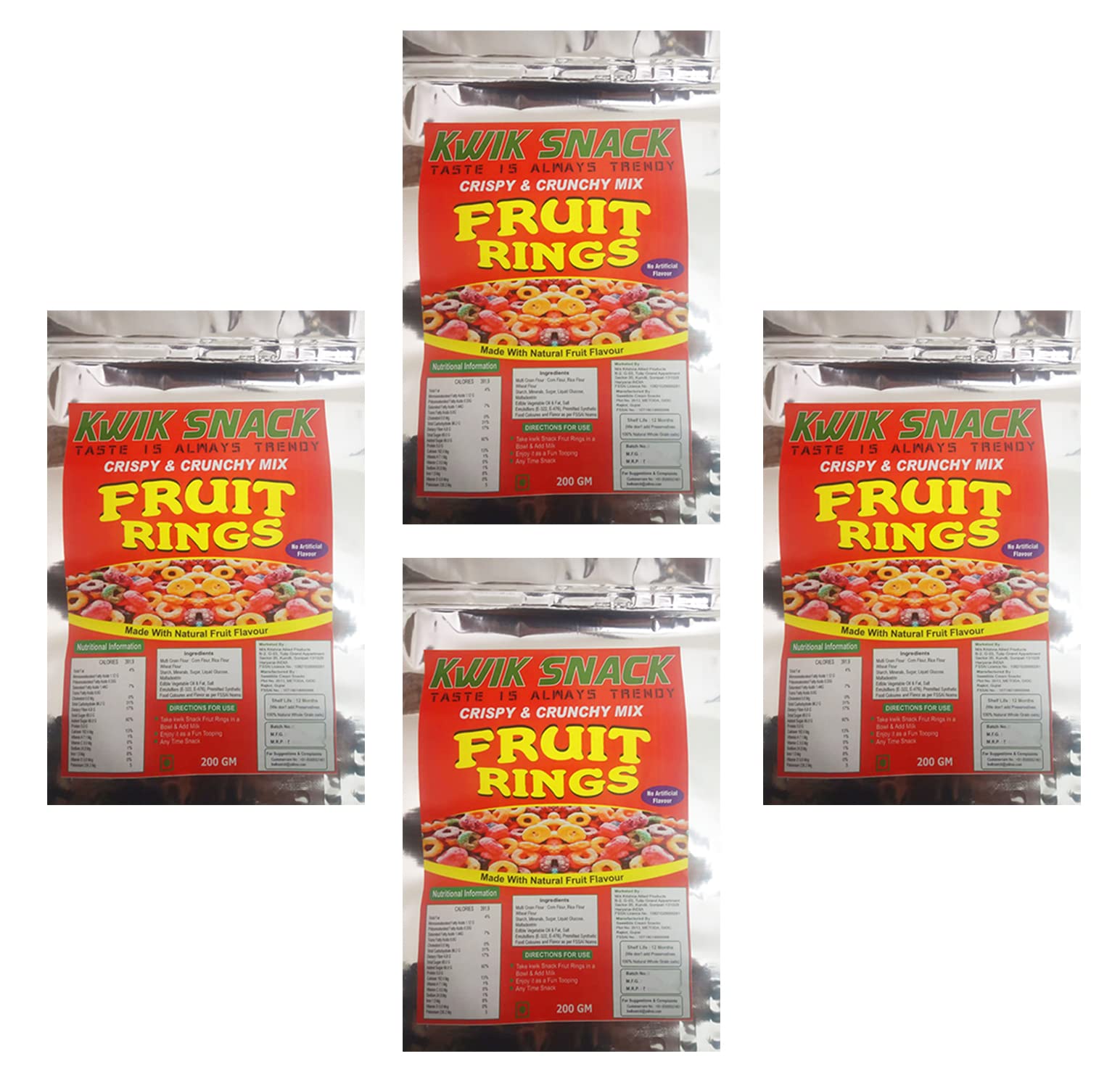 KWIK SNACK Fruit Ring Loops | Crunchy Multigrain Breakfast Cereal| Mixed Fruit Flavor| (4 X 200 GM - 800 GM)
