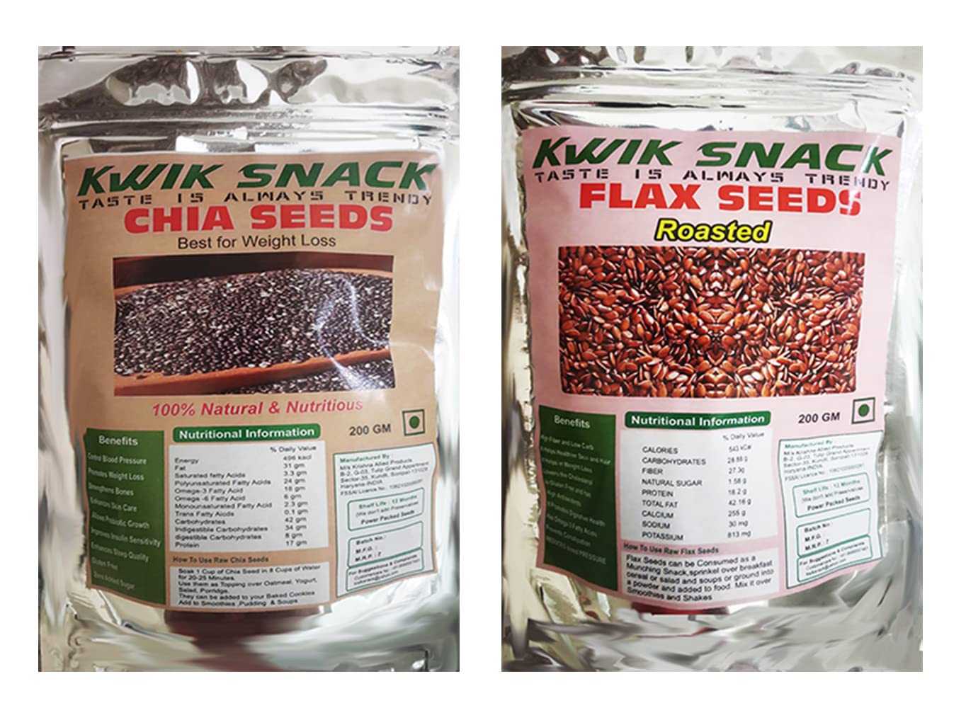 KWIK SNACK Combo of Chia Seeds (200 GM) & Flax Seeds (200GM) - Seeds for Eating | Non-GMO | Diet Snacks