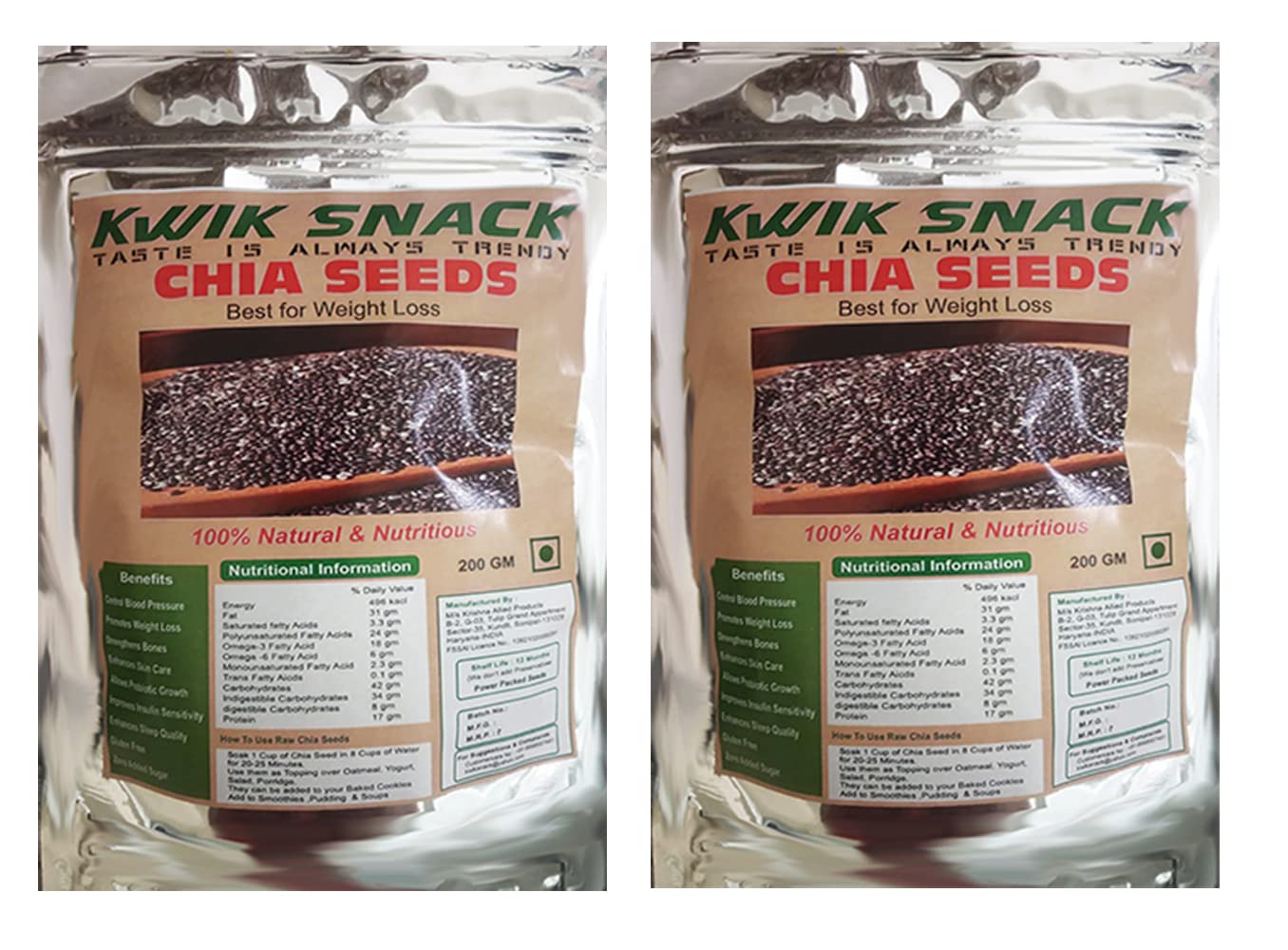KWIK SNACK Chia Seeds (2 X 200 GM) - Rich in Omega - 3 and Fibre | Seeds for Eating | Non-GMO | Diet Snacks