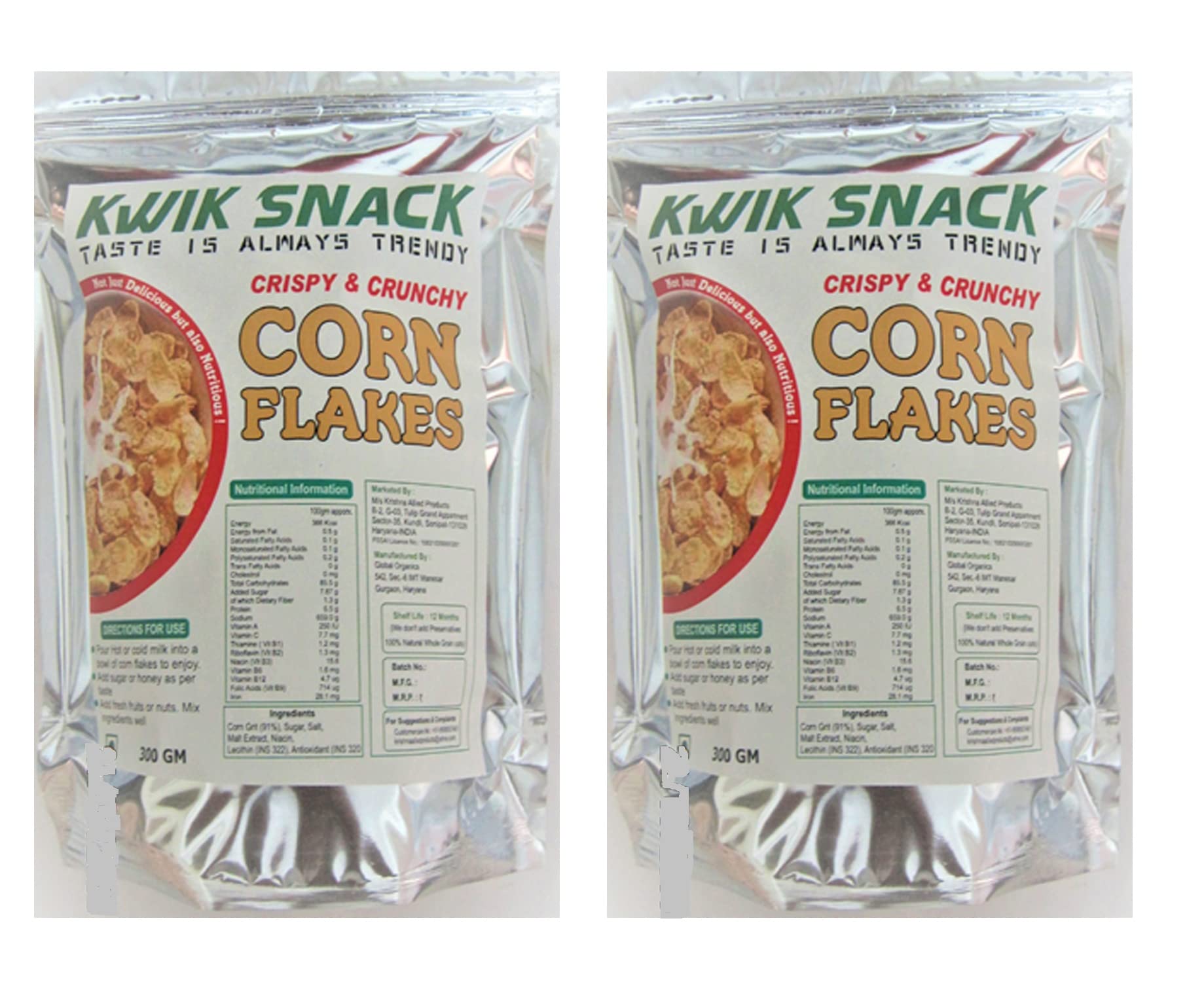 COMBO PACK OF 2 KWIK SNACK Crispy & Crunchy Corn Flakes(300 GM EACH)