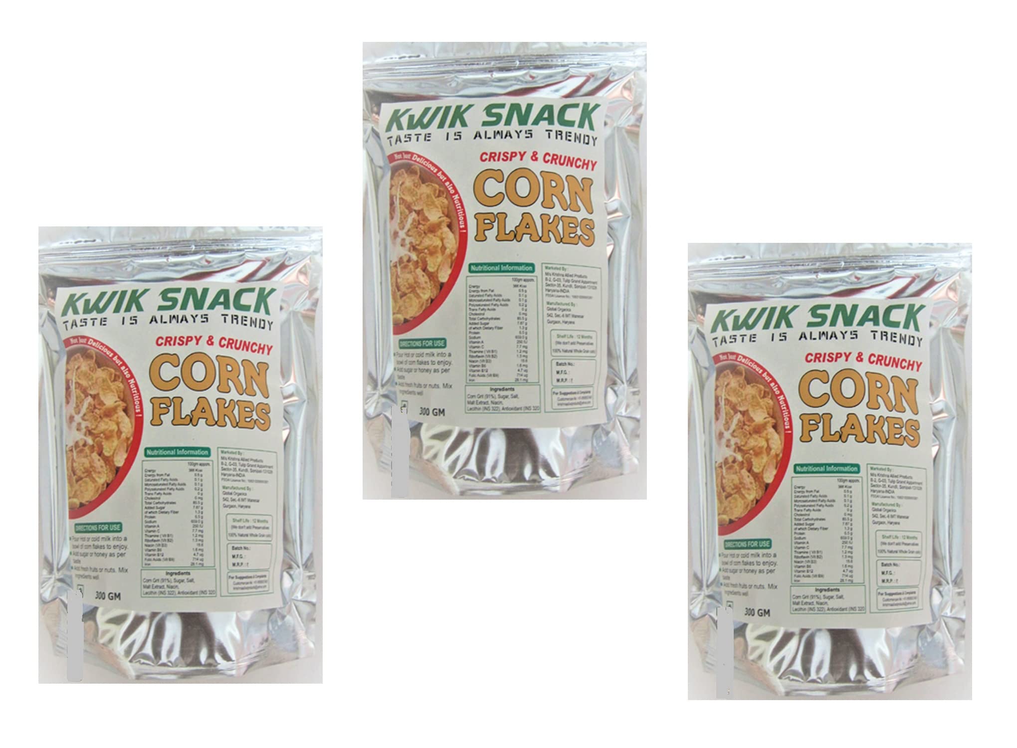 COMBO PACK OF 3 KWIK SNACK Crispy & Crunchy Corn Flakes(300 GM EACH)