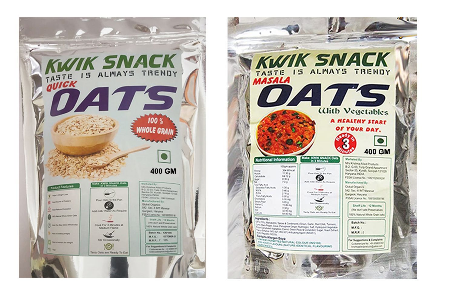 COMBO PACK OF QUICK OATS & MASALA OATS (2 X 400 GM)